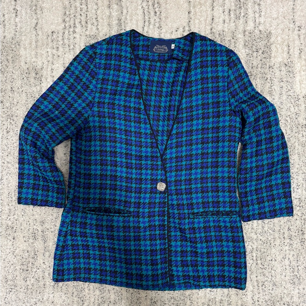 80s vintage blue/green purple houndstooth blazer. Size 8P. The Villager.